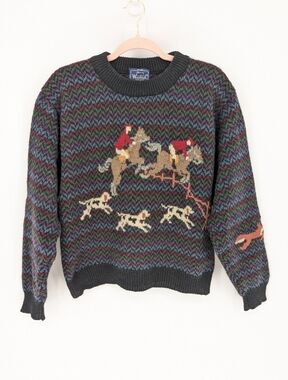 Vintage 80s 90s Woolrich Equestrian Fox Hunt Chunky Knit Novelty Wool Sweater S